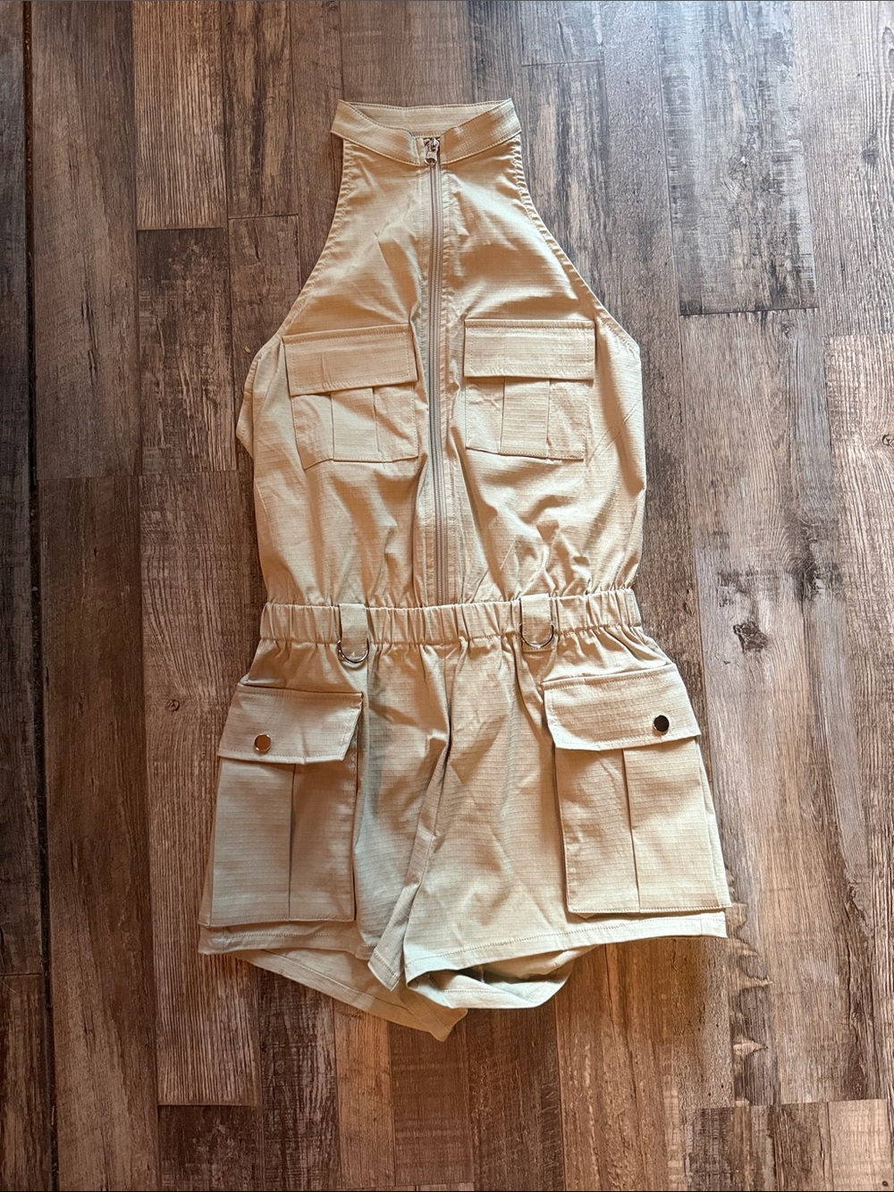 Halter Utility Romper in Beige